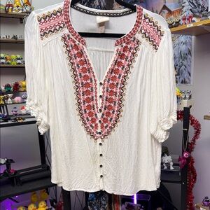 Knox Rose White Blouse with Red Embroidery